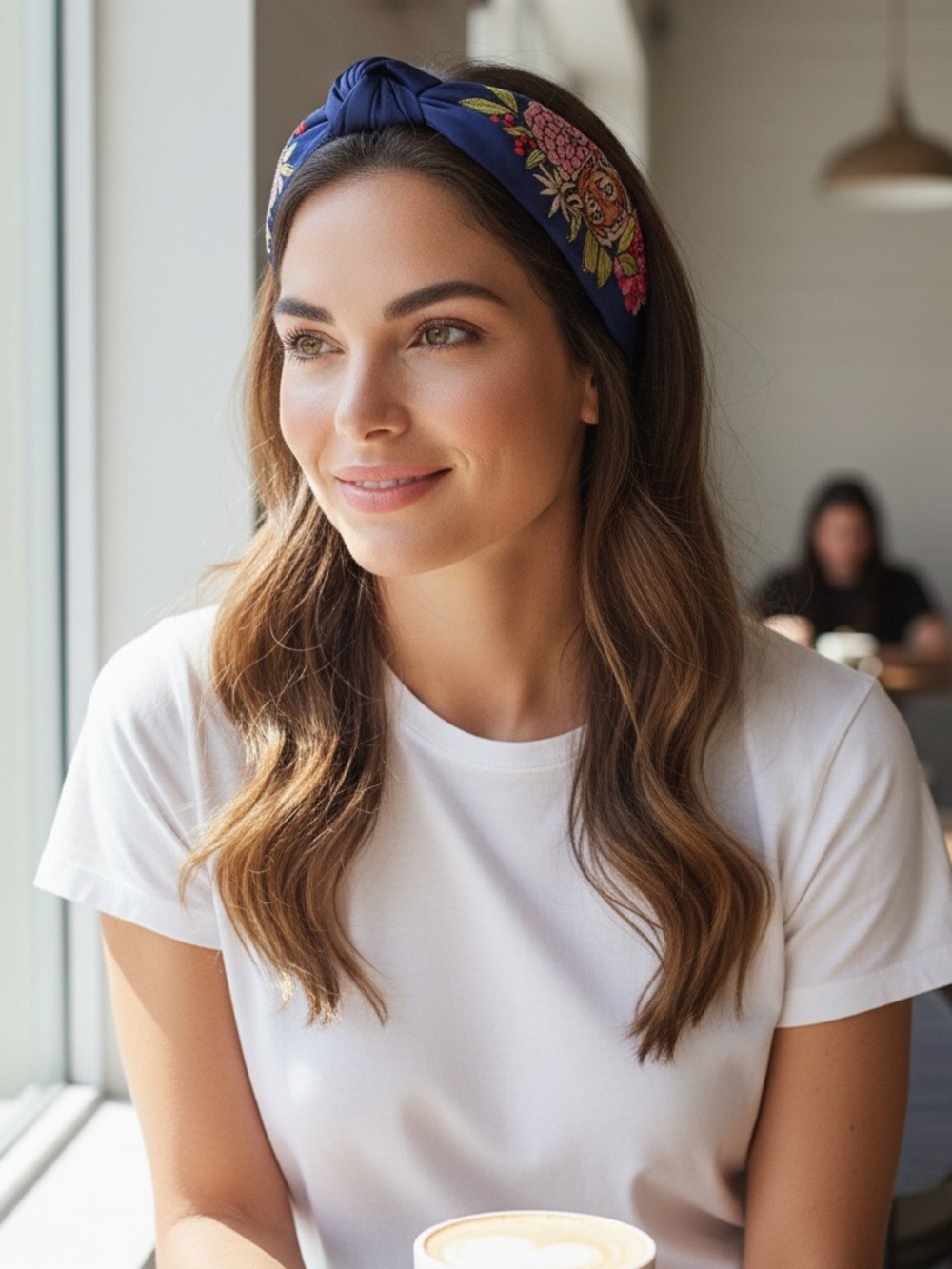 Powder Knot Headband Blue with Embroidered Floral Accents